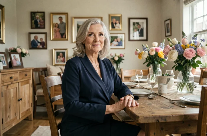 Femme sophistiquée en robe bleu marine assise à une table familiale entourée de portraits et de fleurs fraîches