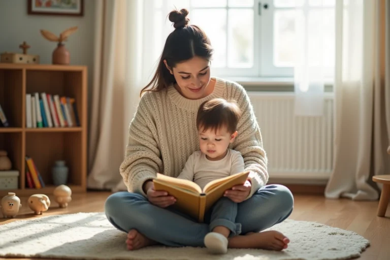 Mère lisant un livre illustré à son tout-petit dans un salon chaleureux, moment de complicité parent-enfant