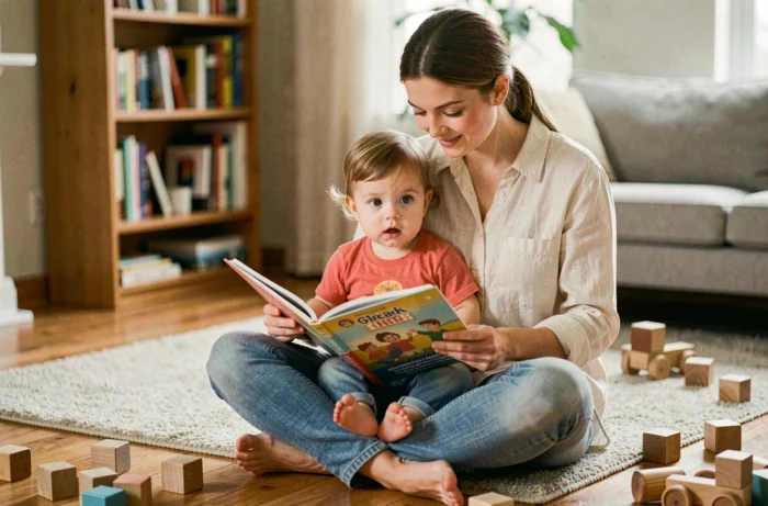 Jeune mère lisant un livre illustré à son tout-petit sur le sol d'un salon chaleureux en bois naturel