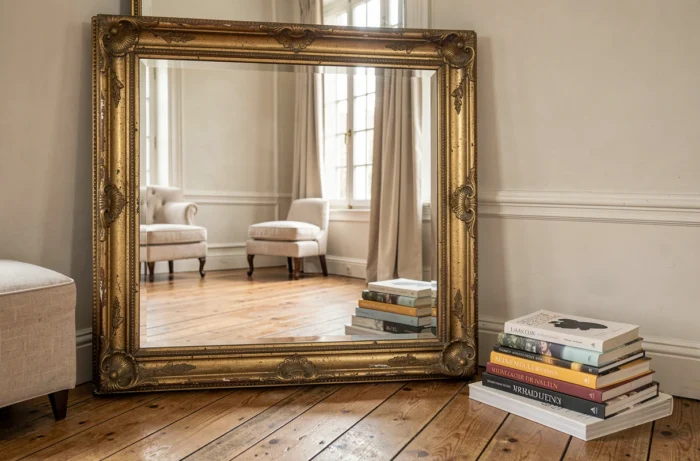 Grand miroir surdimensionné à cadre doré patiné posé au sol en appui contre le mur dans un salon aux planchers chêne vieilli