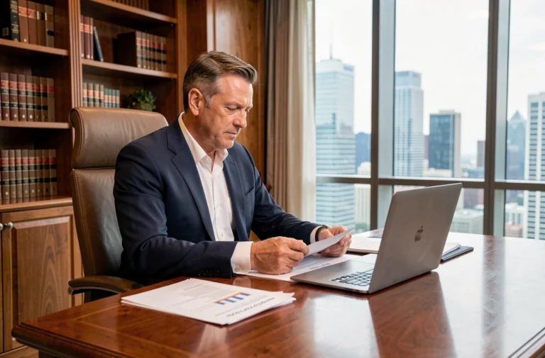 Homme d'affaires algérien prospère assis à son bureau dans un bureau exécutif moderne avec vue sur la ville