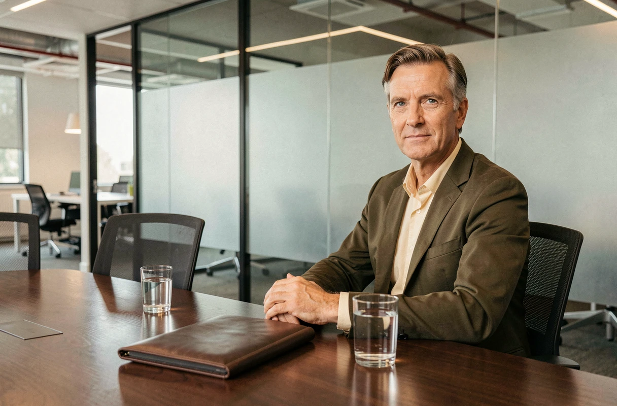 Entrepreneur algérien influent dans une salle de conférence moderne reflétant sa réussite et son parcours professionnel