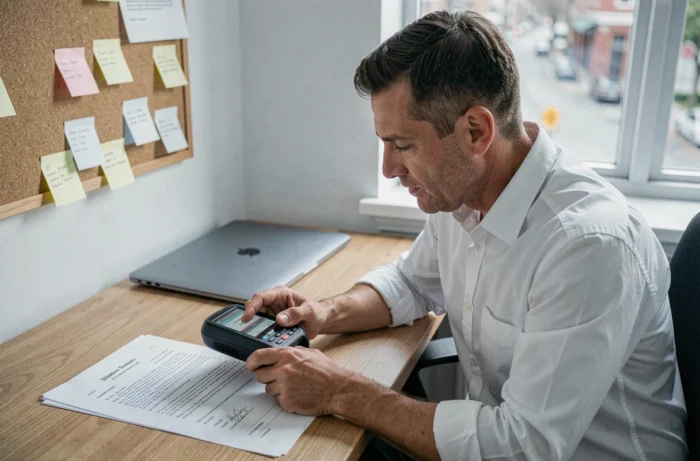 Homme numérisant ses contrats de travail avec un scanner portable dans un bureau à domicile pour les conserver lors d'une transition professionnelle