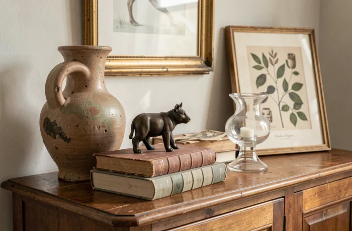 Collection d'objets déco chinés disposés sur un buffet : vase céramique sculpté, figurine en bronze, livres anciens et bougeoir en verre soufflé