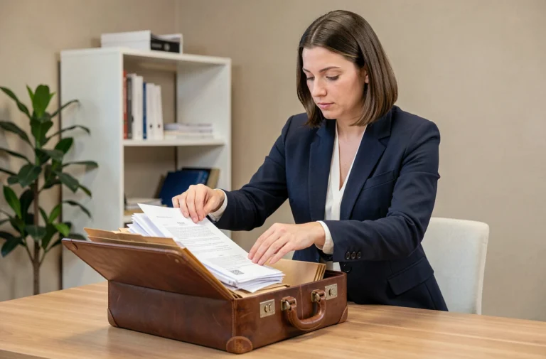 Femme professionnelle organisant ses documents administratifs dans une mallette en cuir lors d'un changement d'employeur