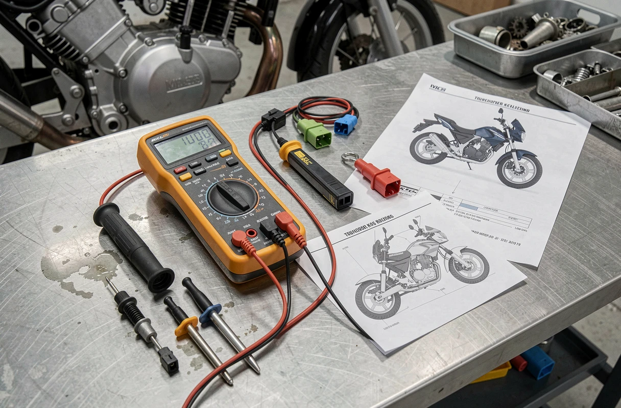Outils de diagnostic électrique posés sur un établi pour réparer une moto Magpower Avengers 125, incluant un multimètre numérique et des connecteurs électriques