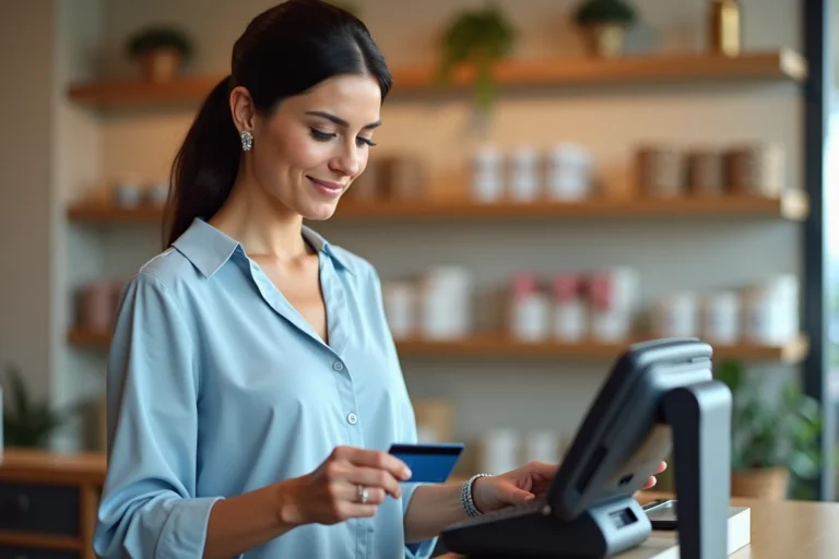 Femme insérant sa carte bancaire dans un terminal de paiement dans une boutique à Ronchin