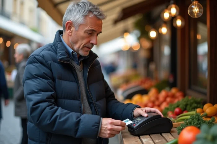 Homme effectuant un paiement sans contact au marché en plein air de Ronchin