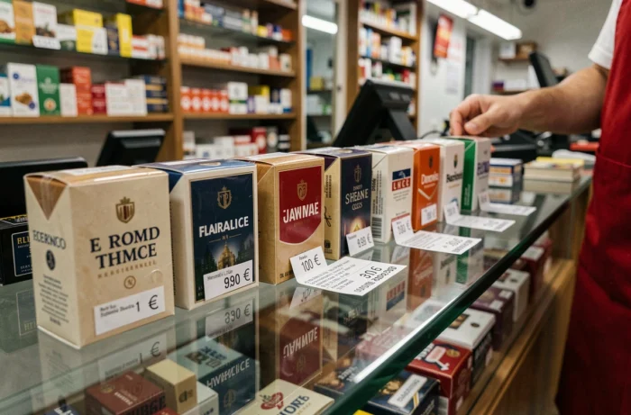 Paquets de cigarettes avec étiquettes de prix en euros exposés sur le comptoir d'un tabac au Perthus en 2026