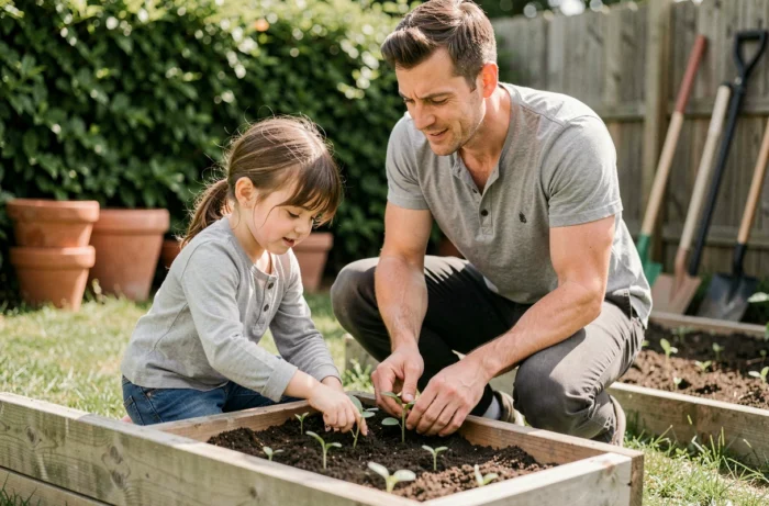 Père et fillette plantant des semis ensemble dans un jardin potager en bois, moment de complicité parentale en plein air