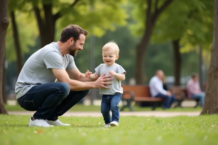 Père aidant son enfant à faire ses premiers pas dans un parc urbain ensoleillé, scène de parentalité bienveillante