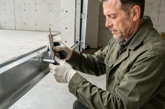 Pose et fixation du nouveau vérin de porte de garage sur le support de montage avec alignement précis