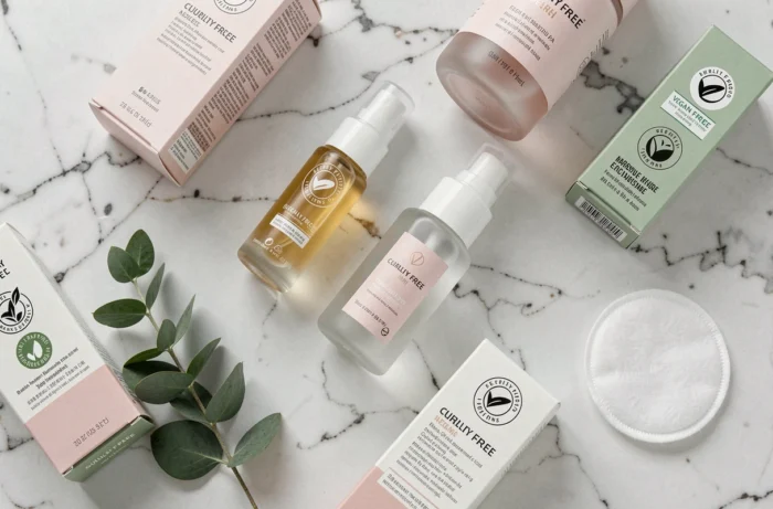 Produits cosmétiques avec logos cruelty-free et certifications vegan posés sur marbre blanc symbolisant l'éthique beauté