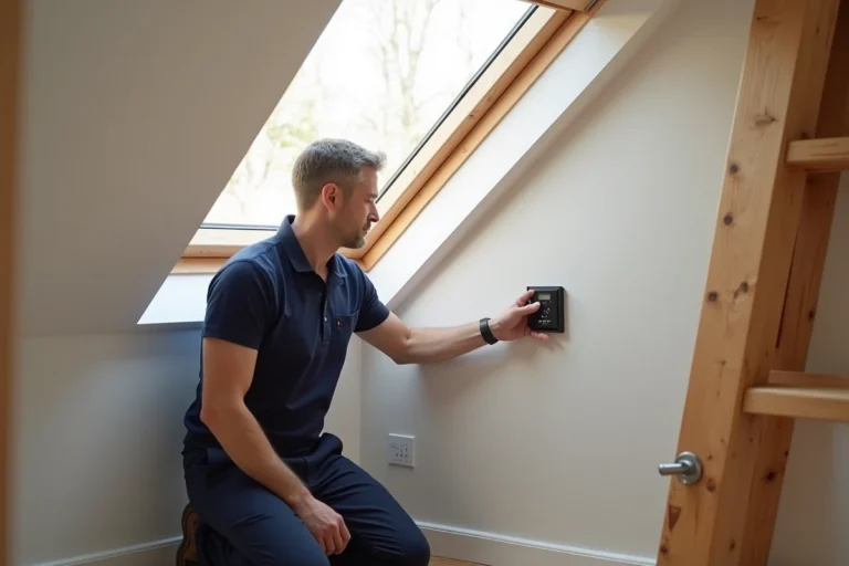Technicien programmant un volet roulant Velux KLI 310 dans un espace mansardé rénové