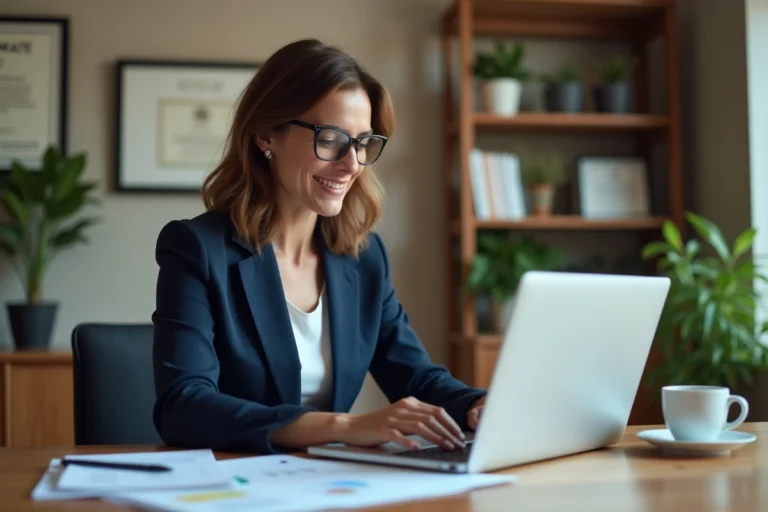 Propriétaire immobilière consultant son bureau de gestion en ligne sur un ordinateur portable dans un bureau professionnel