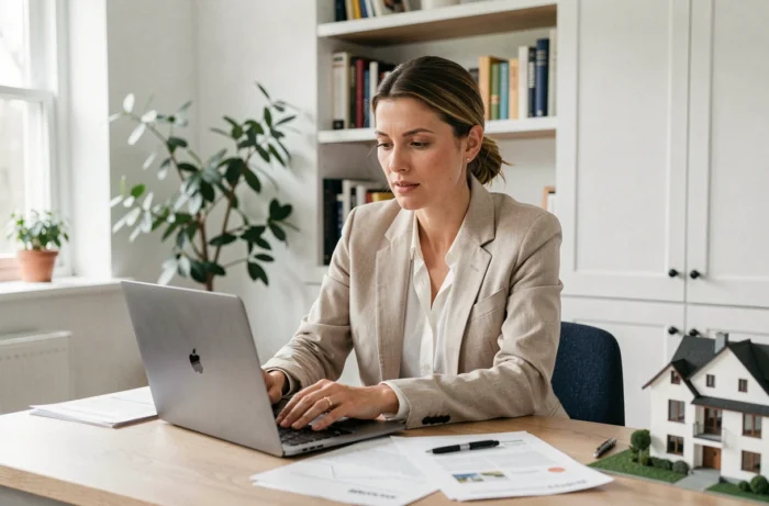 Femme propriétaire comparant des devis de travaux sur ordinateur portable avec documents et modèle architectural sur table