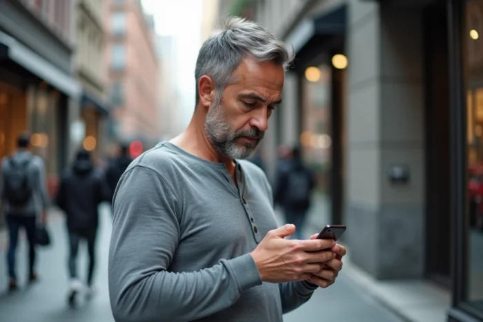 Homme dans la rue regardant son smartphone avec méfiance, protégeant ses données personnelles dans un contexte urbain animé
