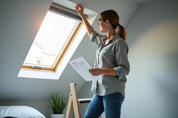 Femme réinitialisant le moteur d'un volet roulant Velux sur une fenêtre de toit dans une chambre résidentielle