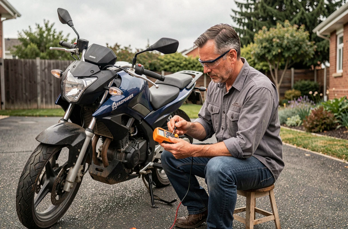 Technicien testant la batterie d'une Magpower Avengers 125 avec un multimètre dans une allée résidentielle, diagnostic de panne électrique en extérieur