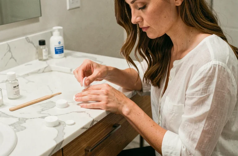 Femme retirant sa porcelaine à ongles à la maison avec des cotons imbibés d'acétone sur un plan de travail en marbre blanc