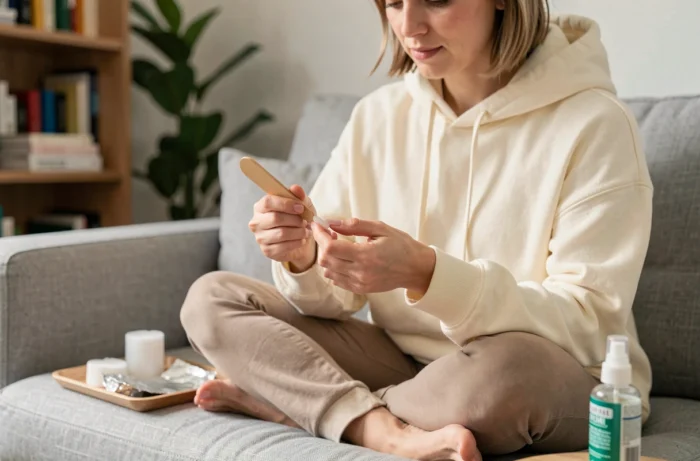 Femme retirant délicatement une extension d'ongle en porcelaine ramollie avec un bâtonnet en bois sur un canapé gris à la maison