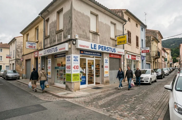Rue commerçante du Perthus avec boutiques de tabac et panneaux de prix cigarettes visibles depuis la frontière franco-espagnole
