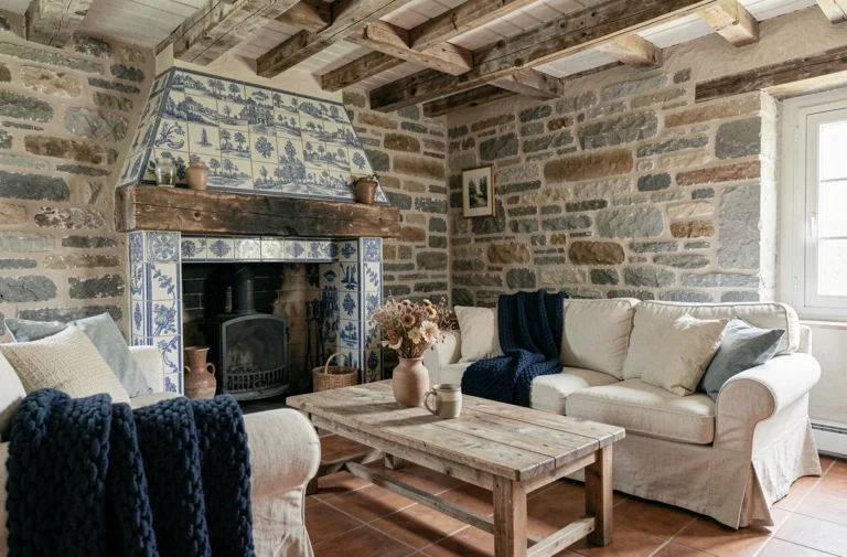 Salon breton chaleureux avec murs en pierre apparente, poutres en bois et cheminée ornée de carreaux bleus et blancs traditionnels