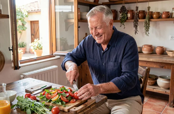 Homme senior préparant une salade méditerranéenne saine dans une cuisine rustique lumineuse