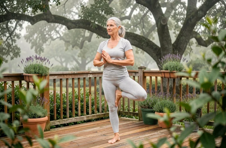 Femme senior en tenue de sport pratiquant le yoga en plein air sur une terrasse en bois entourée de végétation