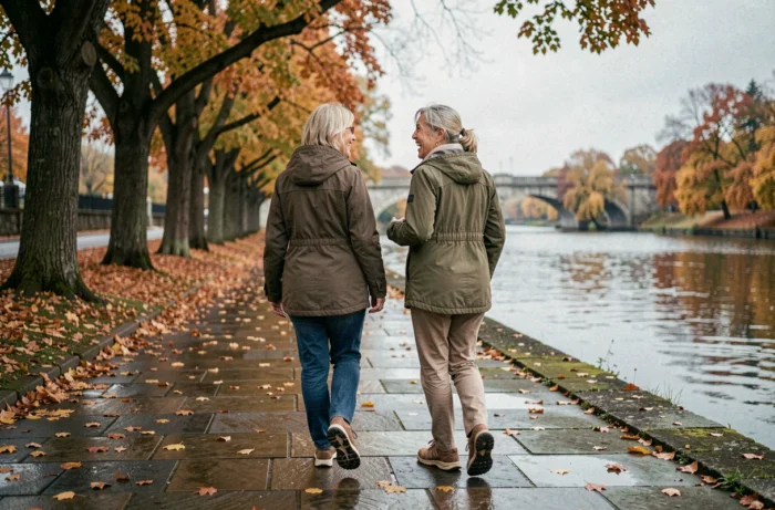 Deux femmes seniors marchant et riant ensemble sur un chemin au bord d'une rivière en automne