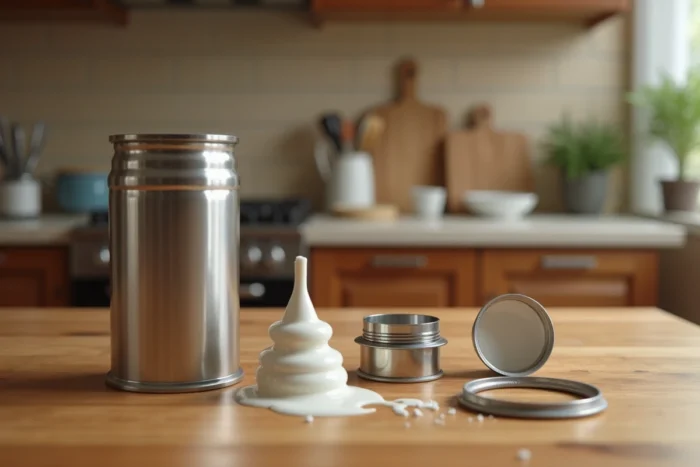 Siphon à chantilly démonté sur une table en bois, montrant les pièces intérieures avec des résidus de crème autour de la buse et du joint