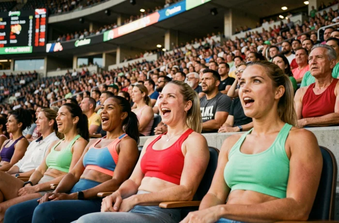 Trois femmes passionnées de sport regardant un match en direct depuis des sièges de stade, expressions de vive émotion