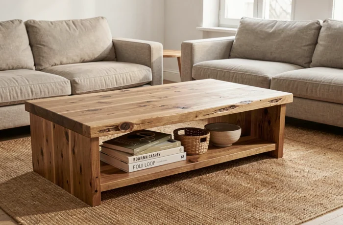 Table basse en bois brut avec étagère inférieure de rangement, posée sur un tapis en jute dans un salon minimaliste