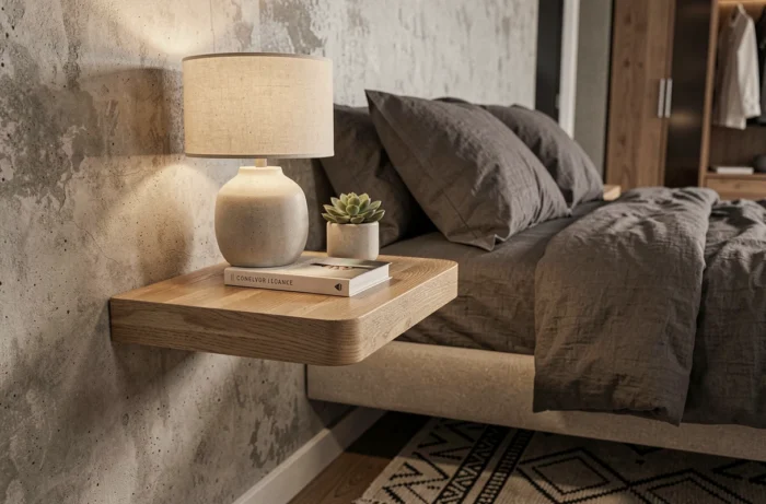Table de chevet fixée au mur en bois de chêne avec lampe et plante dans une chambre contemporaine
