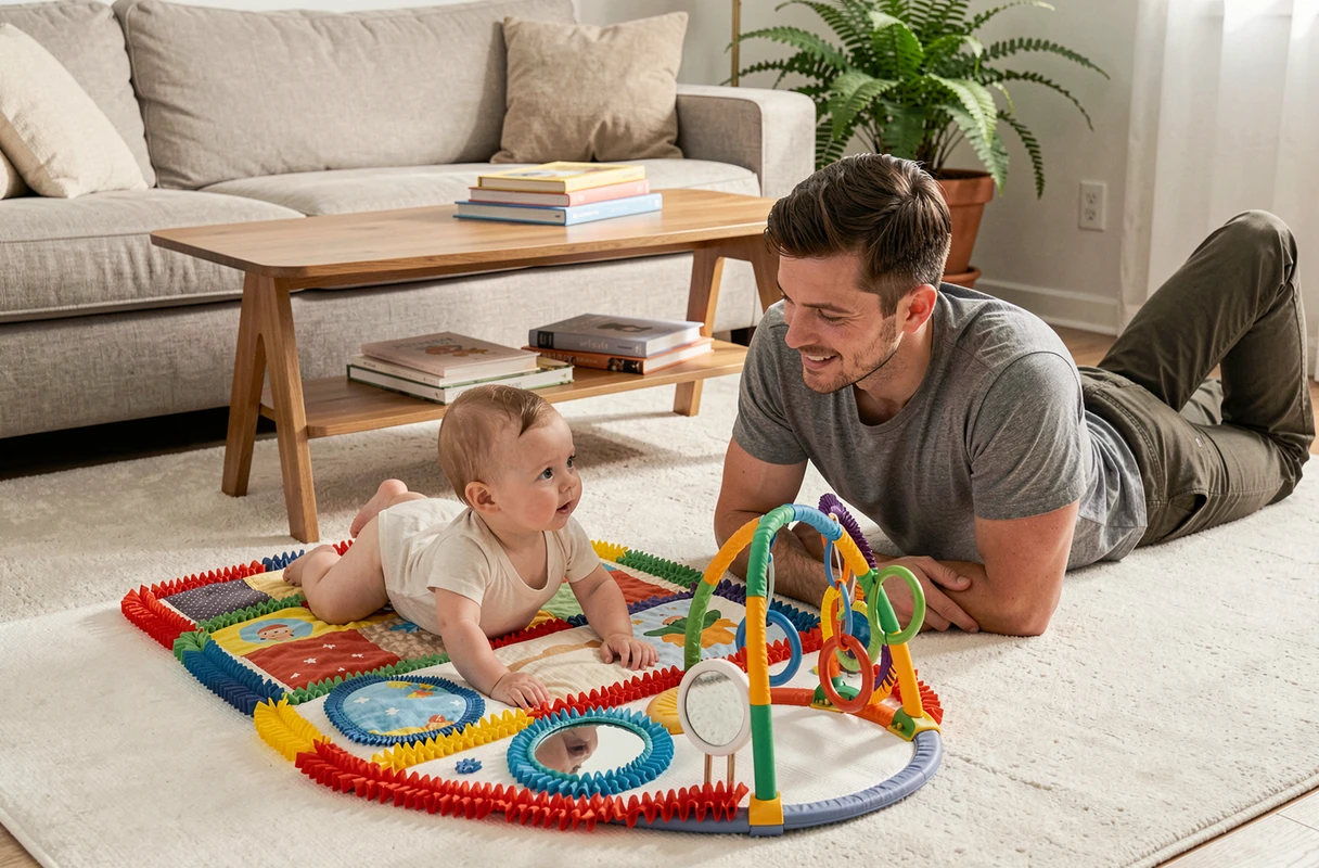 Père allongé sur un tapis d'éveil avec son bébé de 4 mois faisant du tummy time dans un salon moderne et cosy
