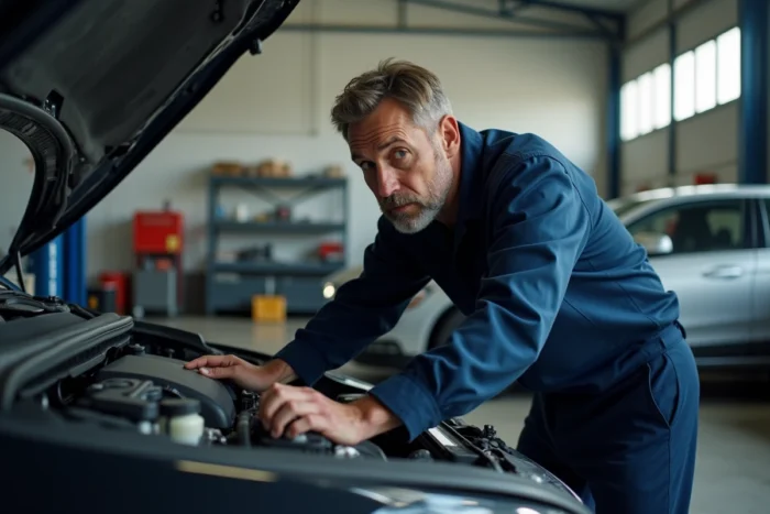Technicien automobile vérifiant le tableau de bord après un changement de batterie dans un garage professionnel