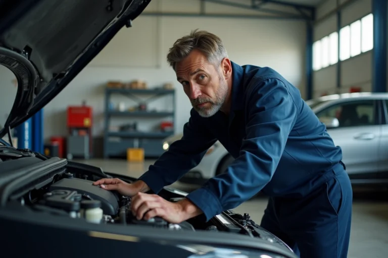 Technicien automobile vérifiant le tableau de bord après un changement de batterie dans un garage professionnel