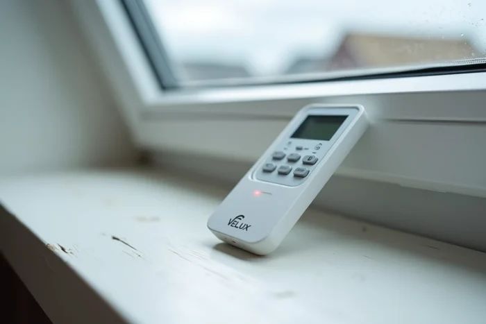 Télécommande Velux KLI 310 posée sur le bord d'une fenêtre de toit avec volet roulant partiellement ouvert