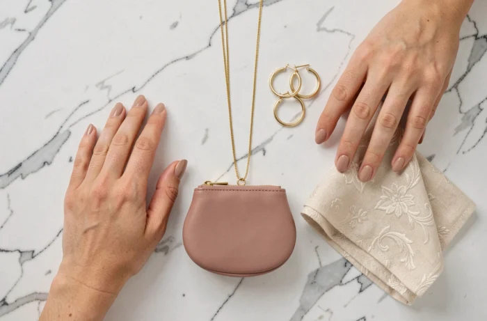Plat lay d'accessoires de mode tendance — collier en or, boucles d'oreilles créoles, porte-monnaie rose et pochette en lin sur marbre blanc
