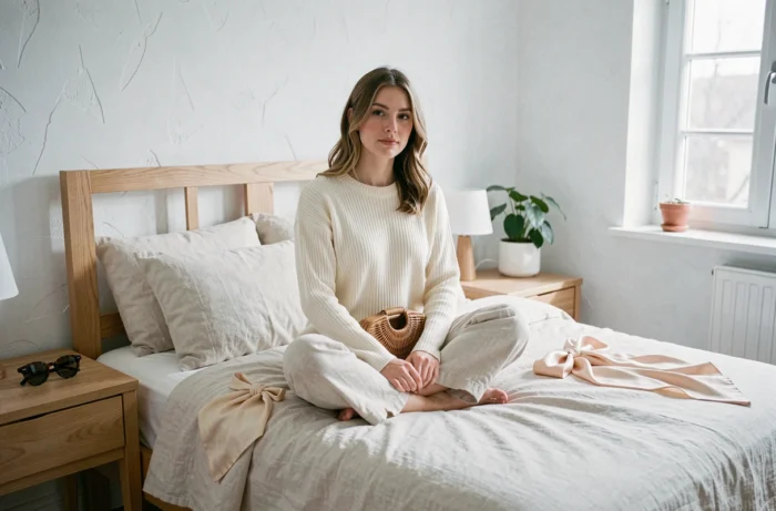 Jeune femme entourée d'accessoires de mode — foulard en soie, lunettes écaille et pochette en rotin — dans une chambre de style scandinave