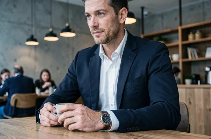 Homme en blazer marine portant une montre classique en acier dans un café minimaliste, tendance accessoires masculins incontournables