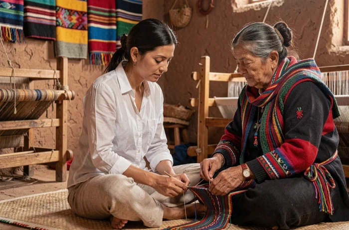 Une voyageuse apprenant le tissage traditionnel auprès d'une artisane autochtone dans une coopérative andine au Pérou, symbole d'échange culturel dans le tourisme solidaire