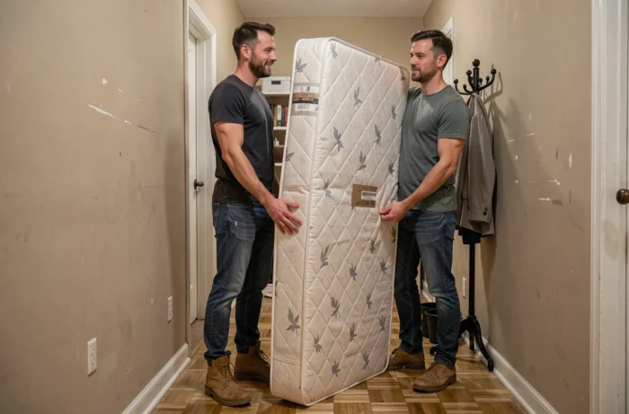 Deux hommes transportant un sommier 140x190 dans un couloir d'appartement étroit lors d'un déménagement