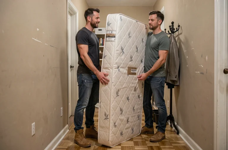 Deux hommes transportant un sommier 140x190 dans un couloir d'appartement étroit lors d'un déménagement
