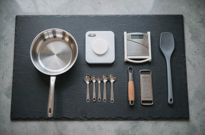 Flatlay d'ustensiles de cuisine essentiels pour cuisiner comme un chef, disposés sur un plan de travail en ardoise sombre