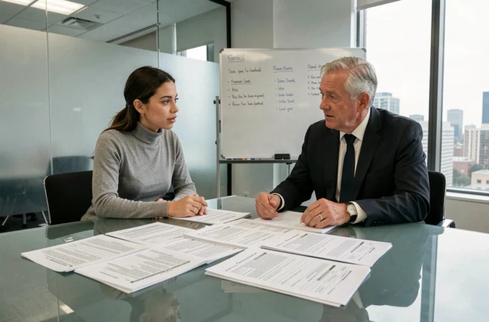 Deux collègues vérifiant ensemble des documents professionnels sur une table de réunion lors d'une transition vers un nouvel employeur