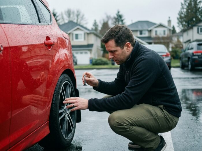 Un homme vérifie l'usure des pneus d'une voiture sportive rouge dans un parking extérieur