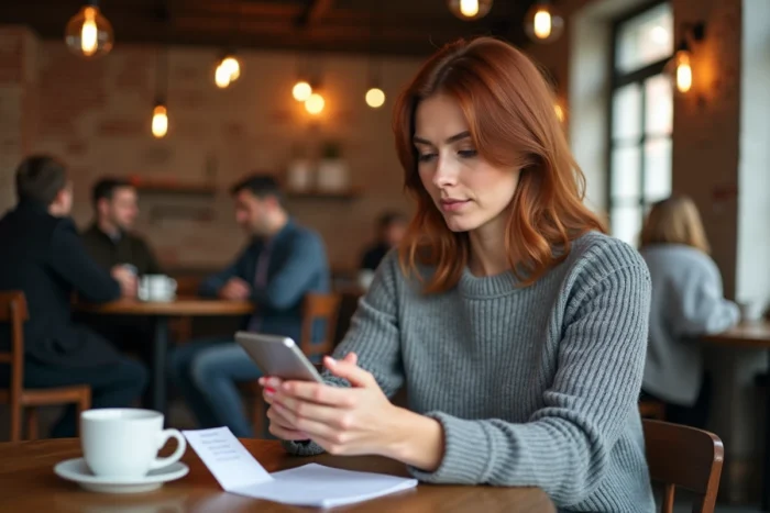 Femme vérifiant sa transaction bancaire sur smartphone dans un café à Ronchin