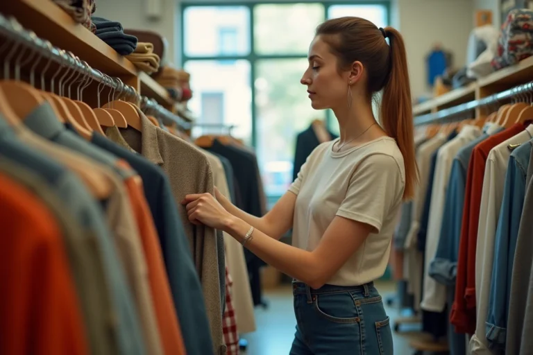 Femme examinant des vêtements d'occasion dans une friperie, illustration de la question des risques sanitaires liés aux habits de seconde main