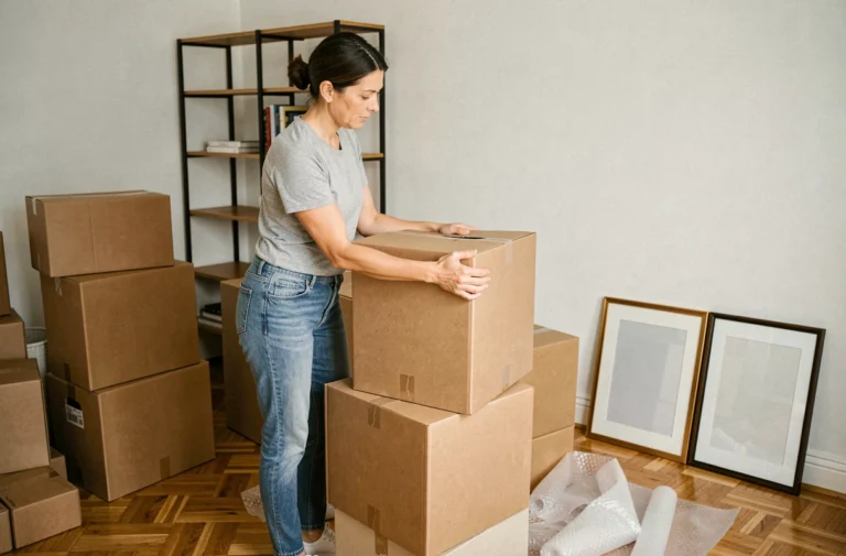 Femme en train de vider un appartement en empilant des cartons dans un salon en cours de débarras